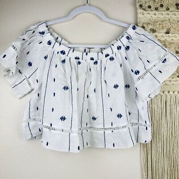 Rebellion White and Cobalt Blue embroidered, off the shoulder crop top - Picture 1 of 3